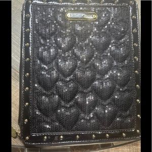 Betsy Johnson iPad case 10”x8”. Black puffed hearts with zipper compartment.